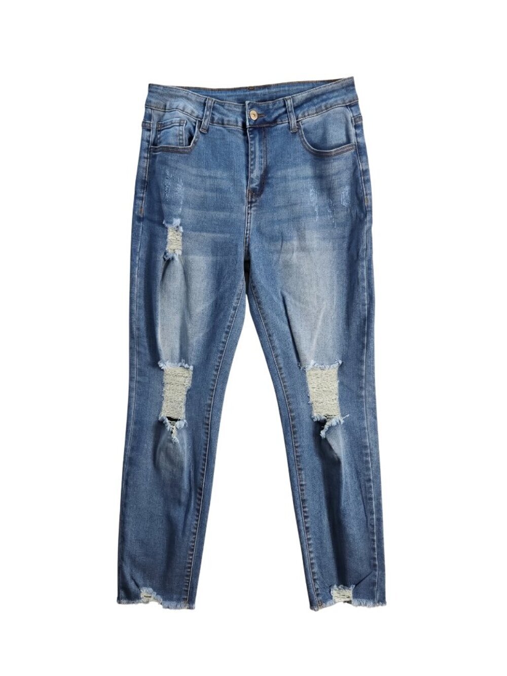 NWOT | Medium Wash Distressed Ripped Denim Ankle Skinny Jeans Raw Hem | Size 6